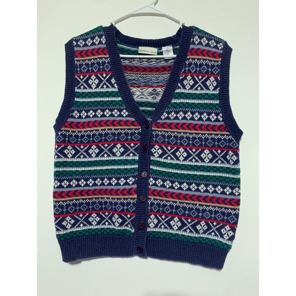 Northern Isles Womens L Vintage Multi Colored Knit Winter Button Front Vest